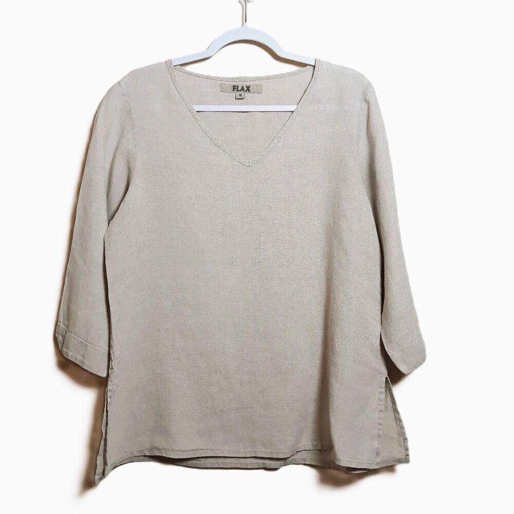 Flax 100% Linen Tunic Top 3/4 Sleeves Taupe Lagenlook Minimalist Scandi